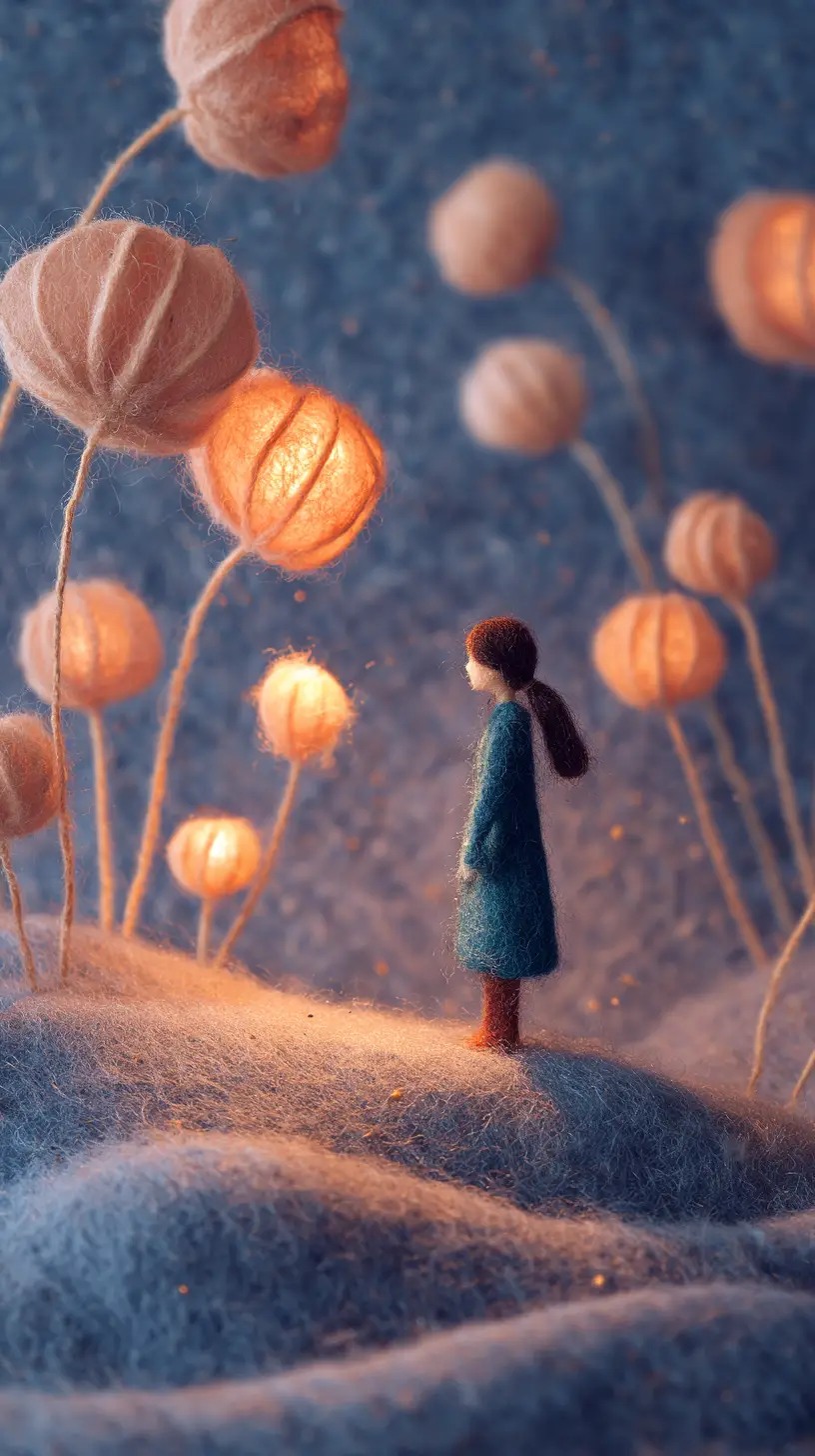 Anthropomorphic woolen figure with cosmic surreal atmosphere