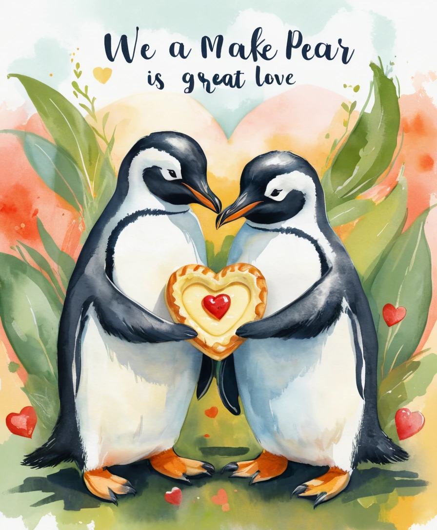 Due pinguini che condividono un dolce a forma di cuore in un caldo stile impressionista