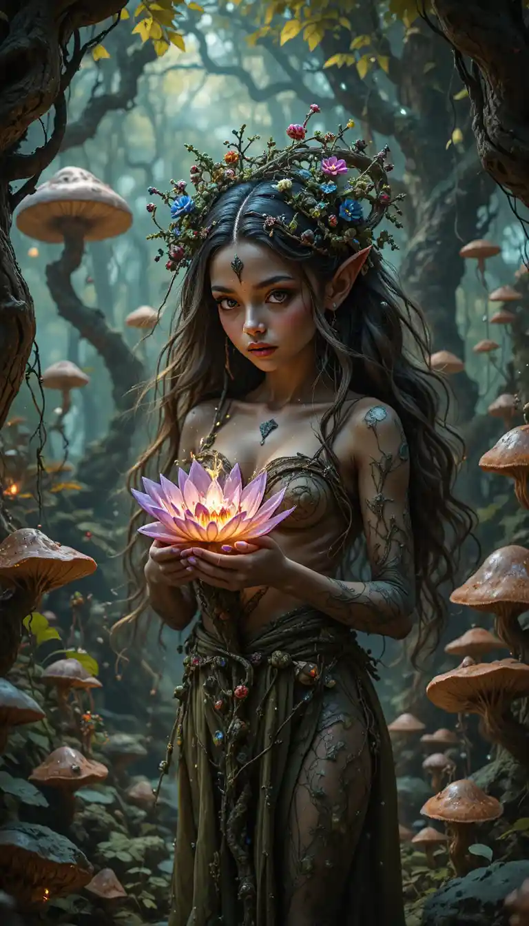 Woodland dryad holding a glowing alien flower