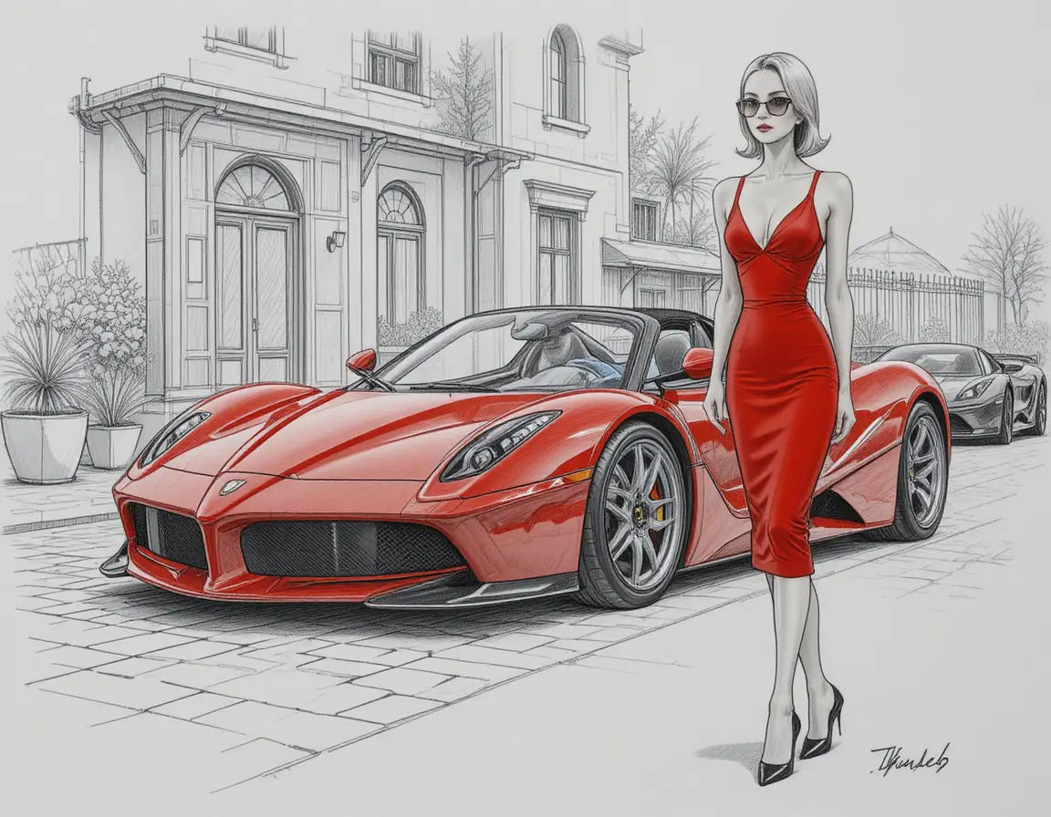 Elegant blonde woman in red dress before classic mansion
