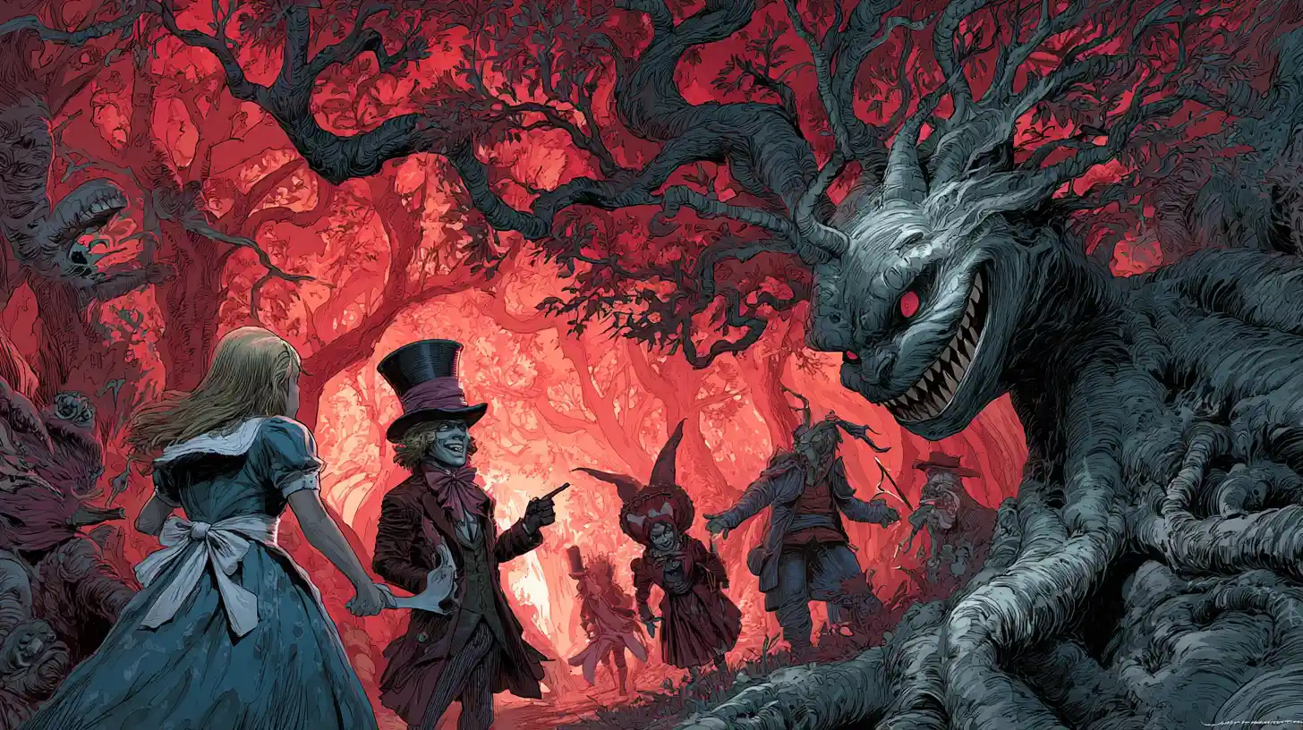 Alice che cammina da sola in una foresta oscura e contorta