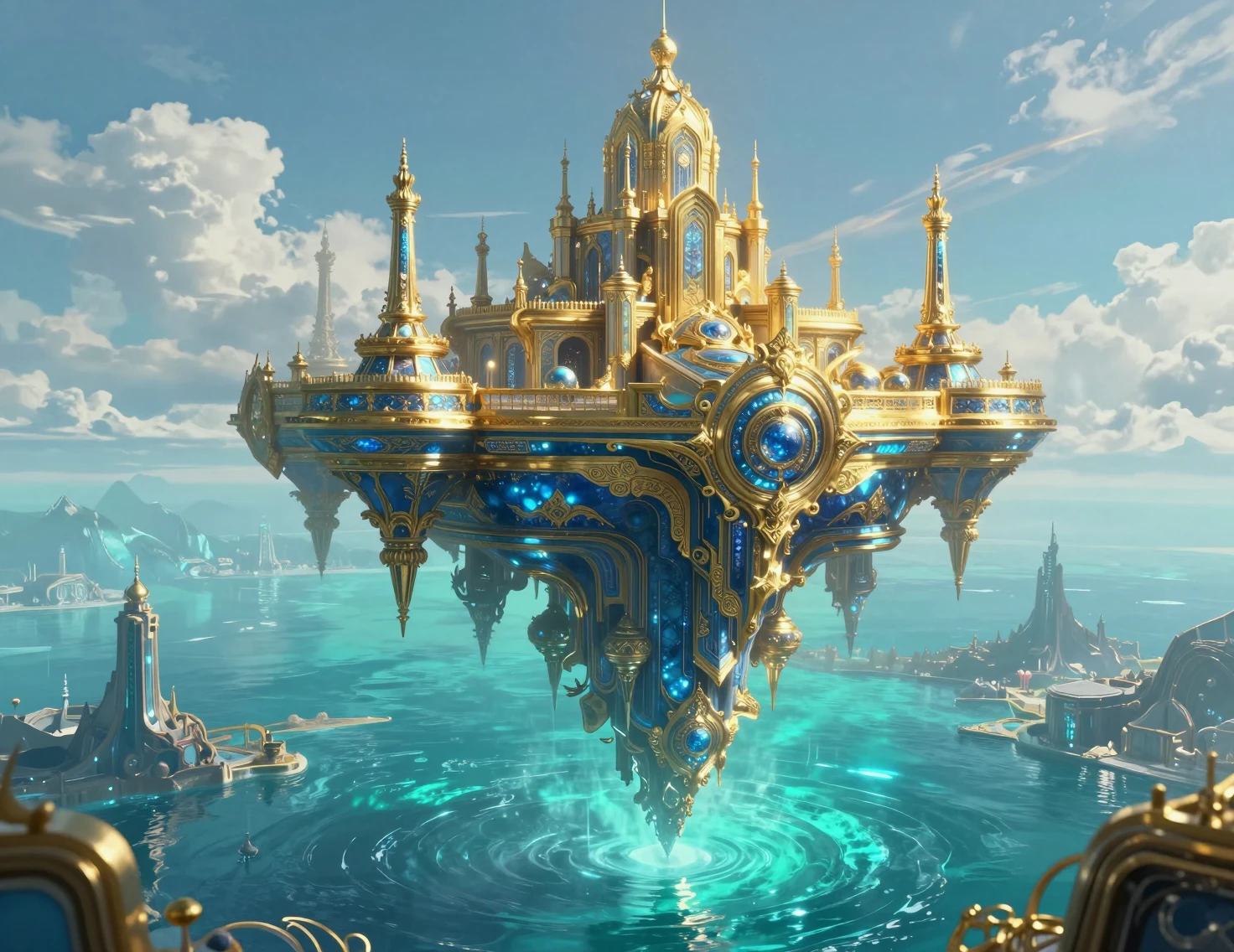 Citadelle dorée flottante au‑dessus d’une mer turquoise infinie