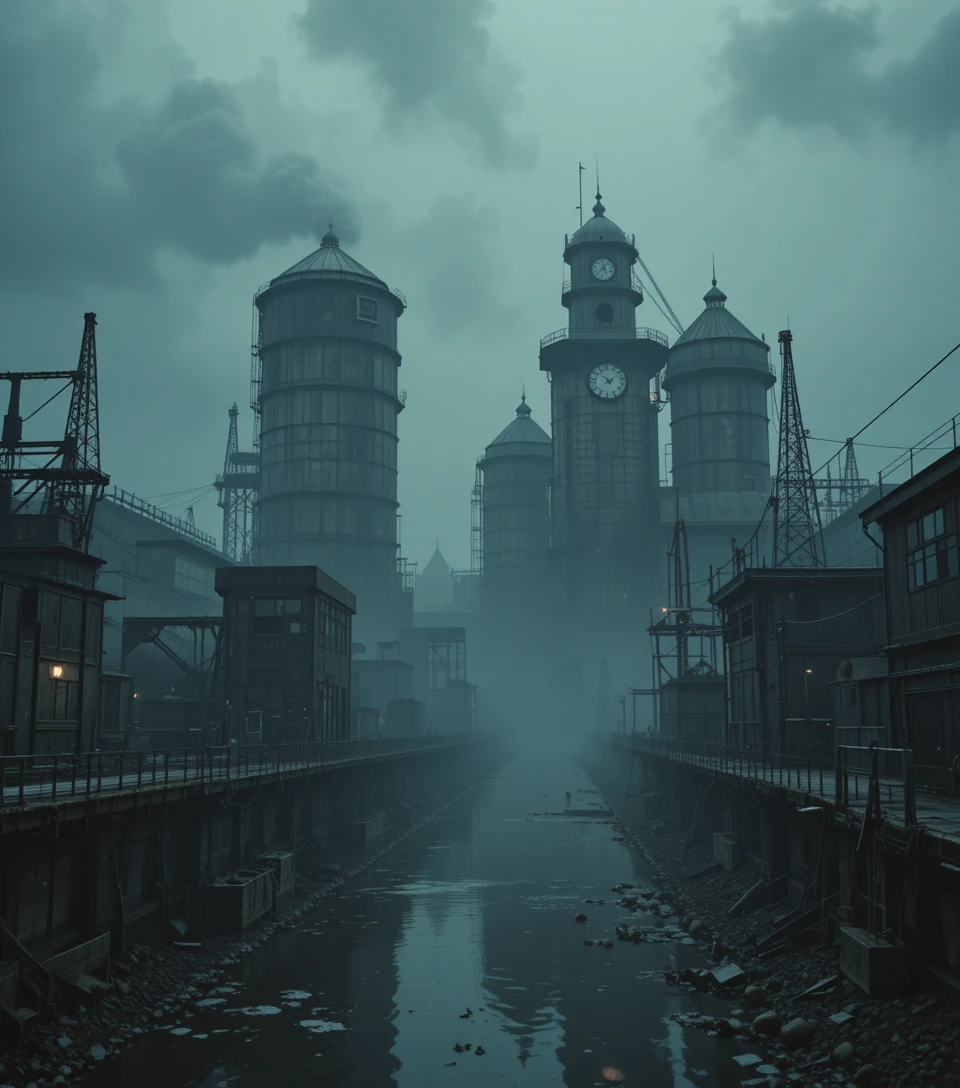 Ominous industrial railyard with glass silos and clock towers