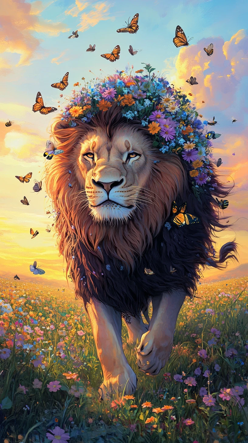 León con melena de flores silvestres cruzando un campo tranquilo