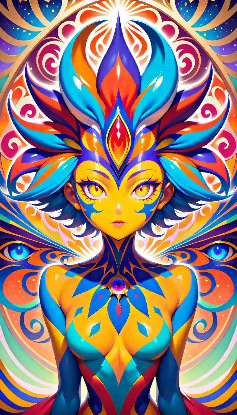 Cosmic jester portrait with kaleidoscope mask and fractal aura