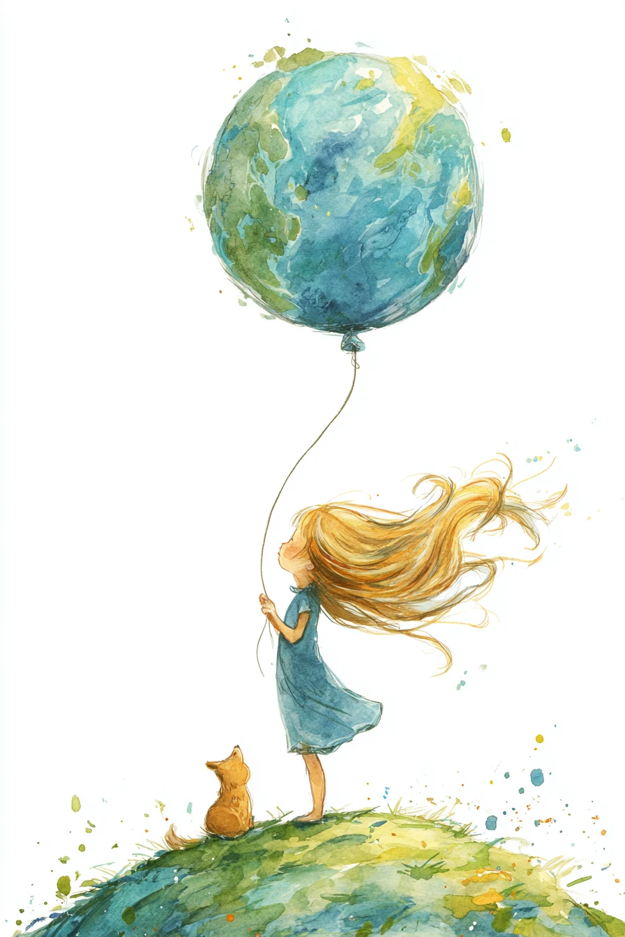 Girl with balloon on windy hill in watercolor illustration