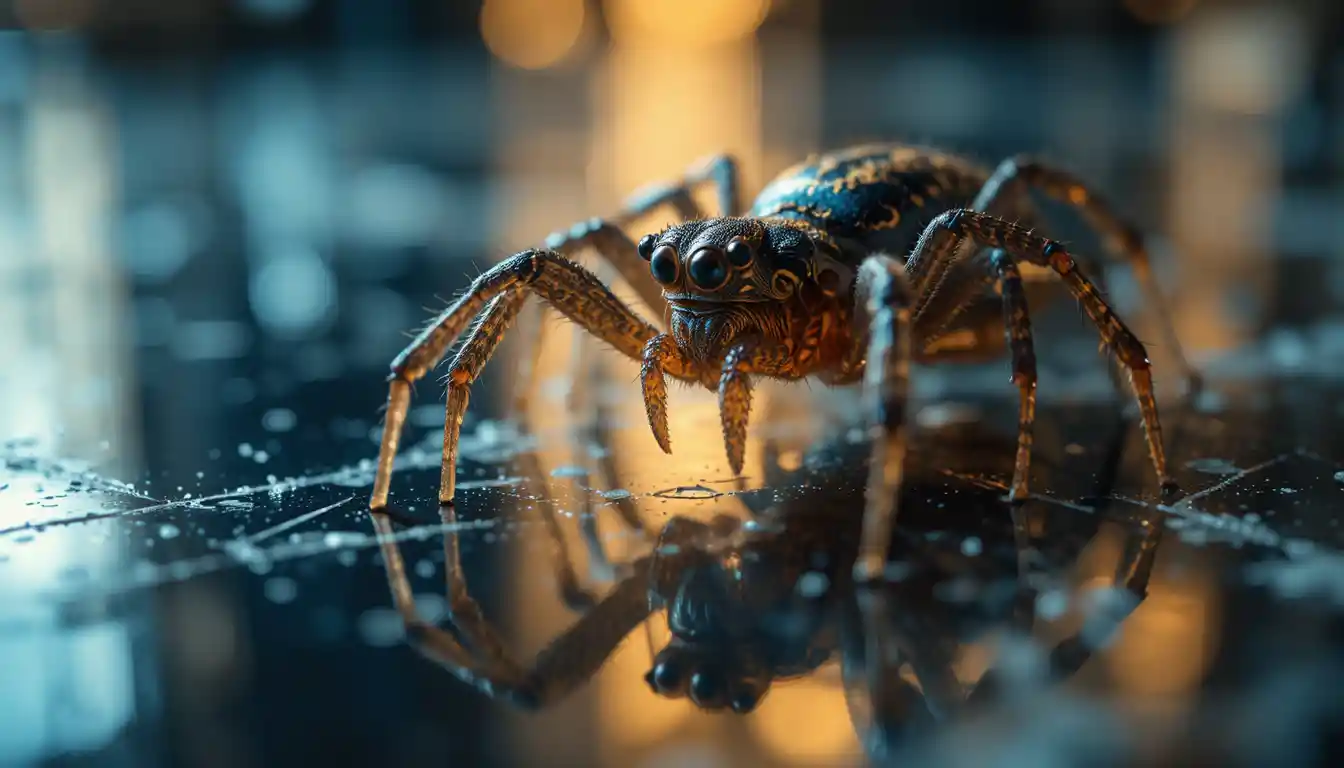 Spider on reflective surface with surreal mirrored dimension