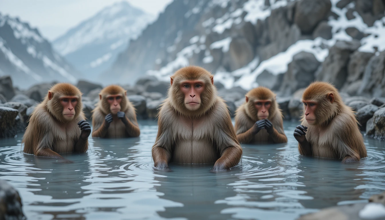 Macacos japoneses relajándose en una fuente termal de montaña nevada