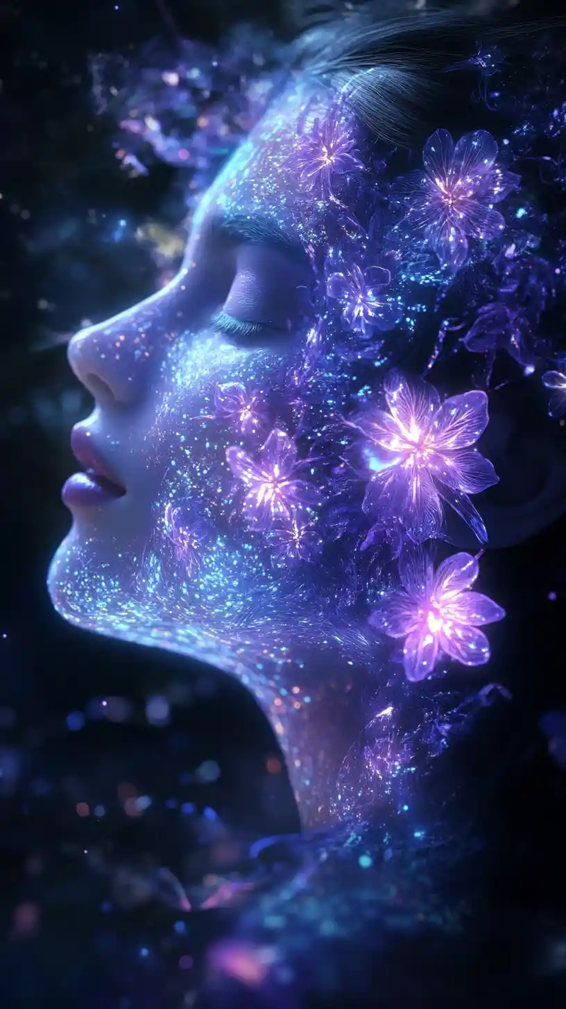Bioluminescent woman in profile with glowing purple flowers