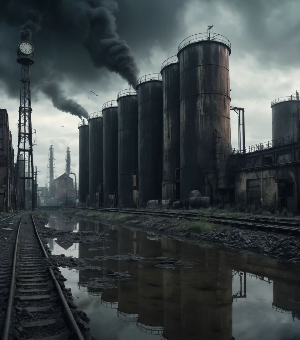 Spooky clock towers over glass silos in industrial railyard