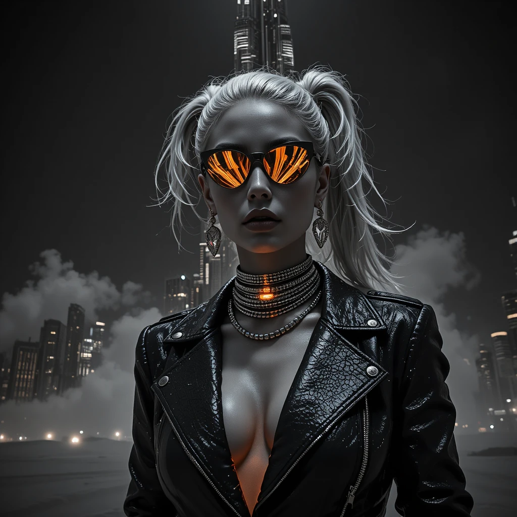 Femme fatale cyber noir sotto il Burj Khalifa