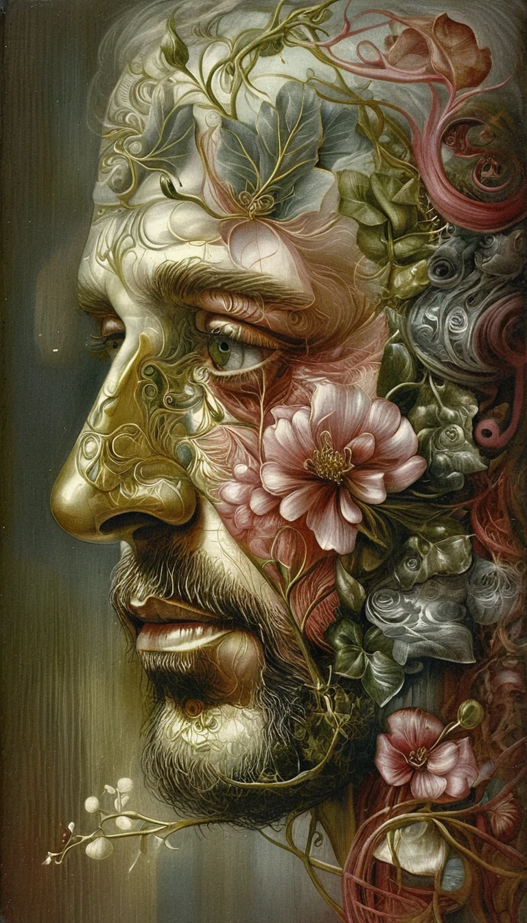Perfil de anciano fusionado con texturas de hiedra y corteza