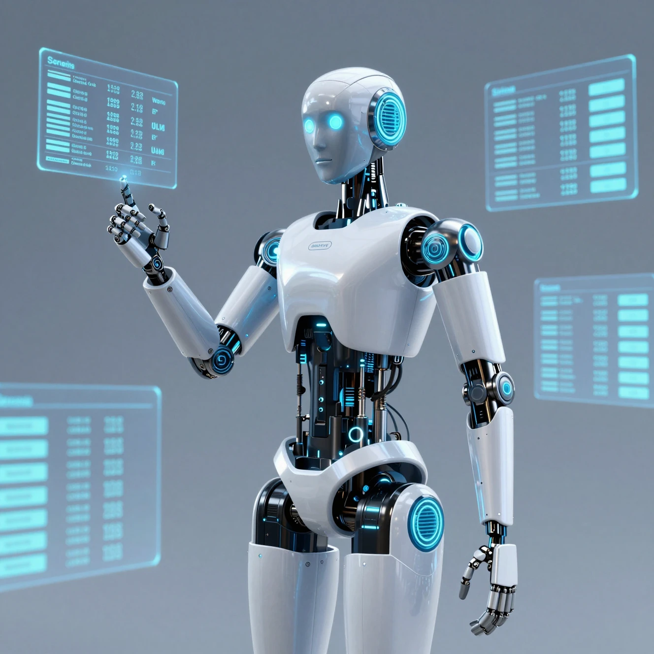 Futuristic Humanoid Robot With Floating Stock Market Charts
