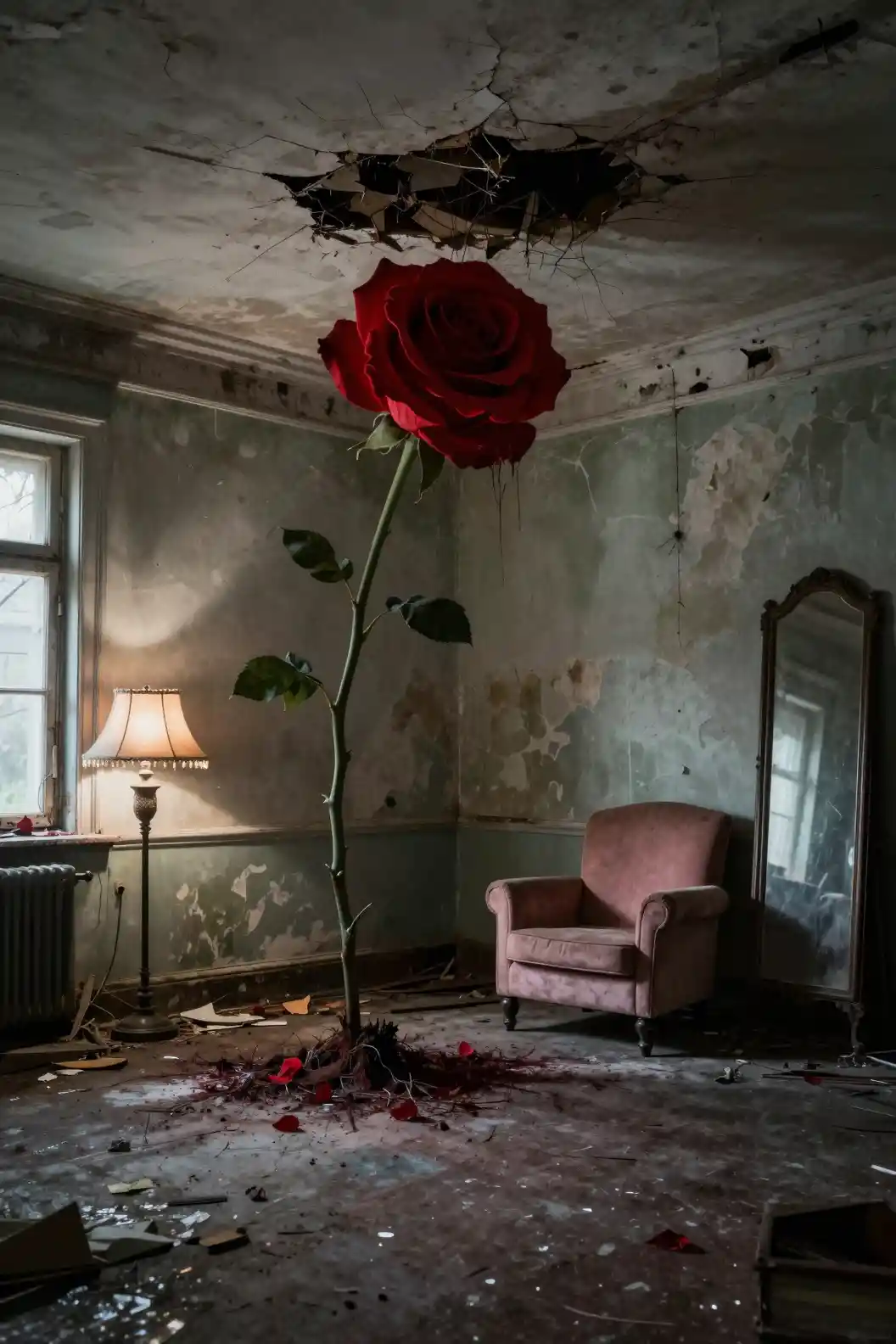 Giant Red Rose In Creepy Abandoned Room Interior