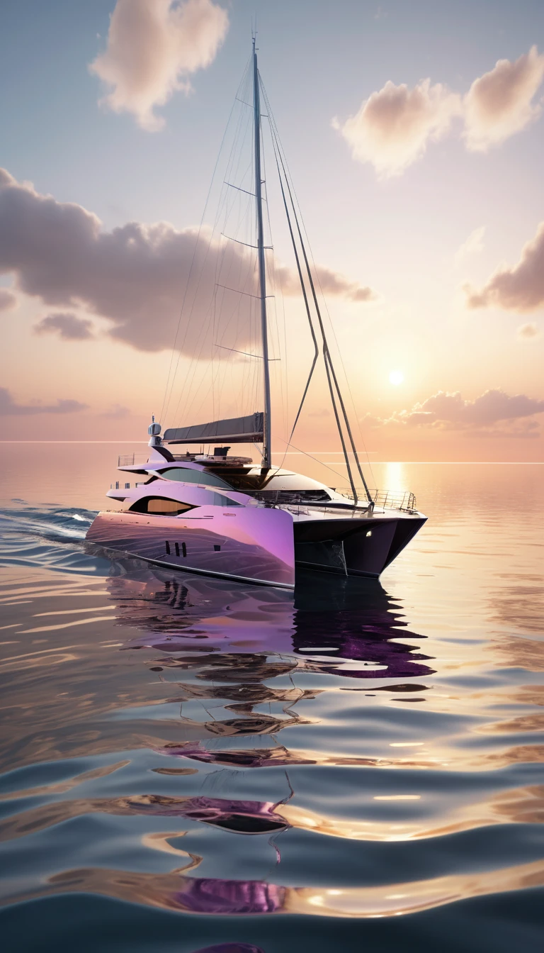 Futuristische Yacht gleitet bei Sonnenuntergang über ruhigen Ozean