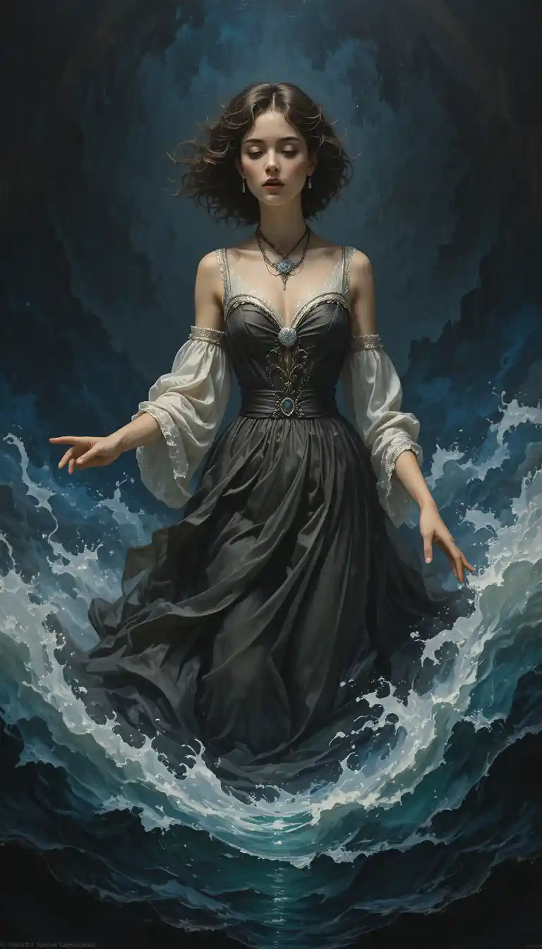Femme baroque en clair-obscur sombre avec tentation symbolique