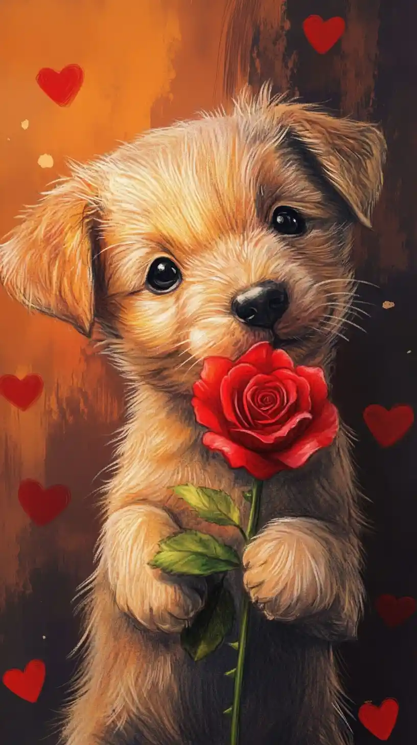 Cachorrito tierno con rosa roja en ilustración a lápiz fantasiosa
