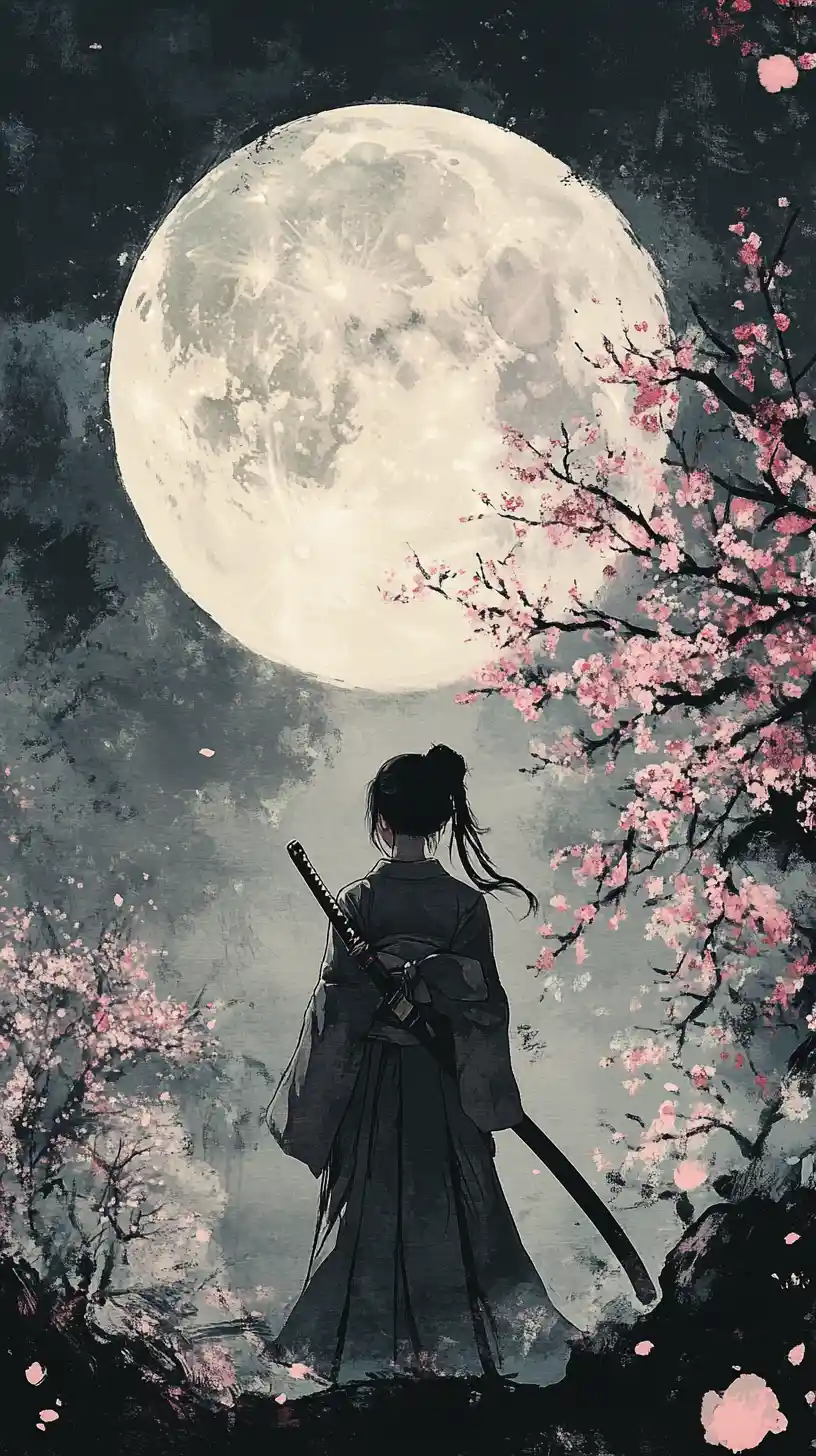 Samurai-Mädchen unter Kirschblüten und Vollmond