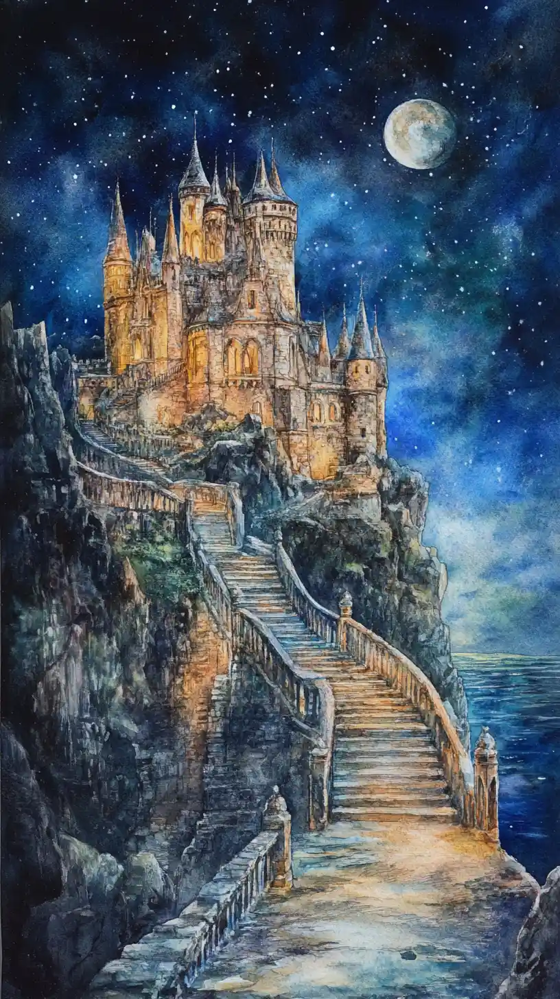Veduta notturna ad acquerello di un castello fantasy avvolto nella nebbia sul fianco della montagna
