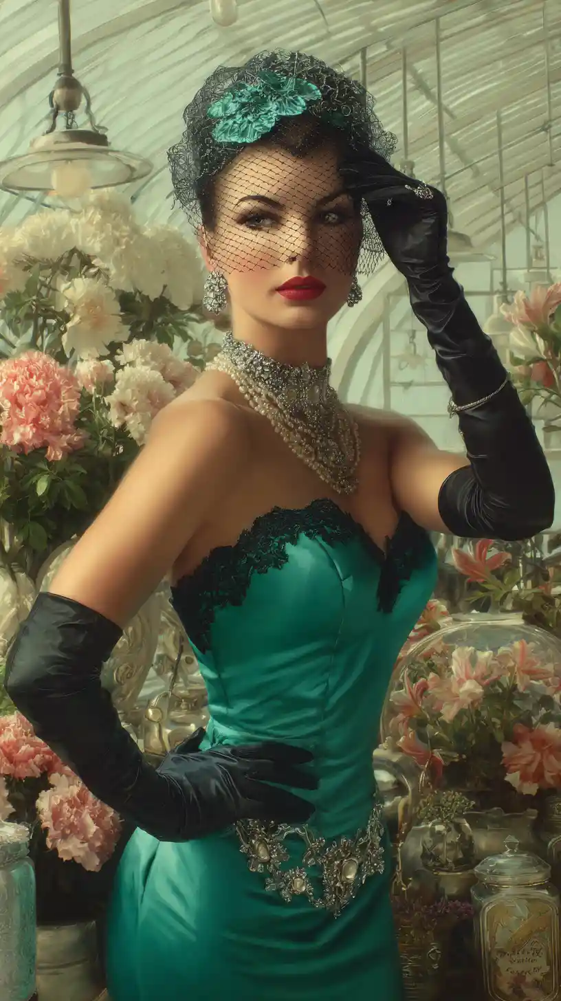 Gothic noblewoman in emerald dress adjusting lace veil