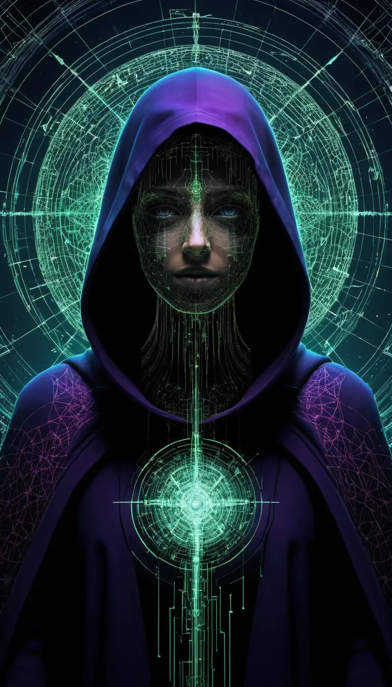 Hooded void woman formed from binary code and light