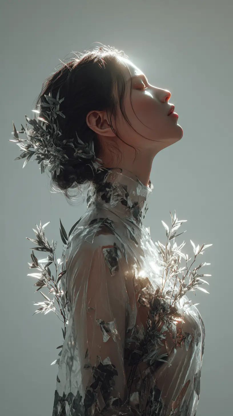 Woman in serene contemplation with eyes closed to the sky