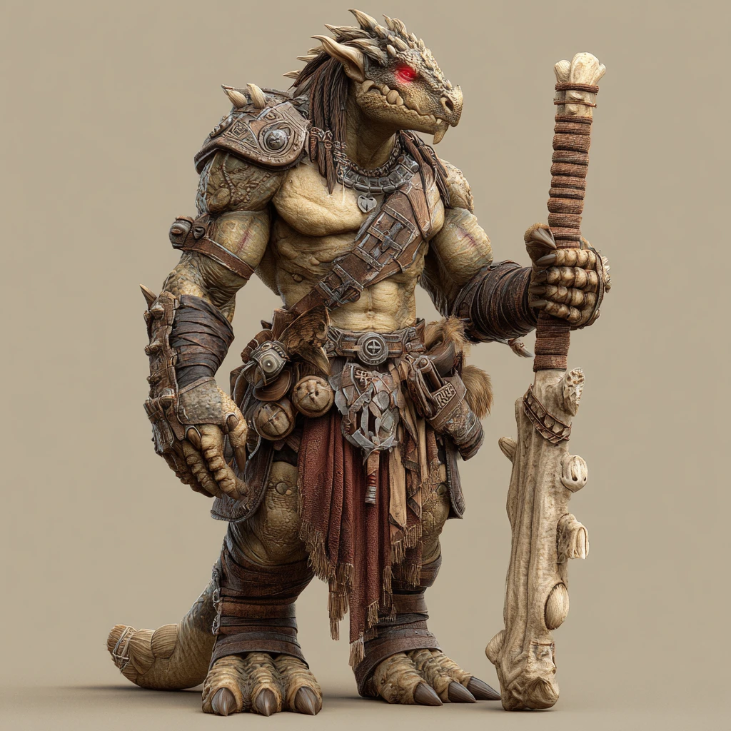 Dragonborn barbarian with brass skin and bone club