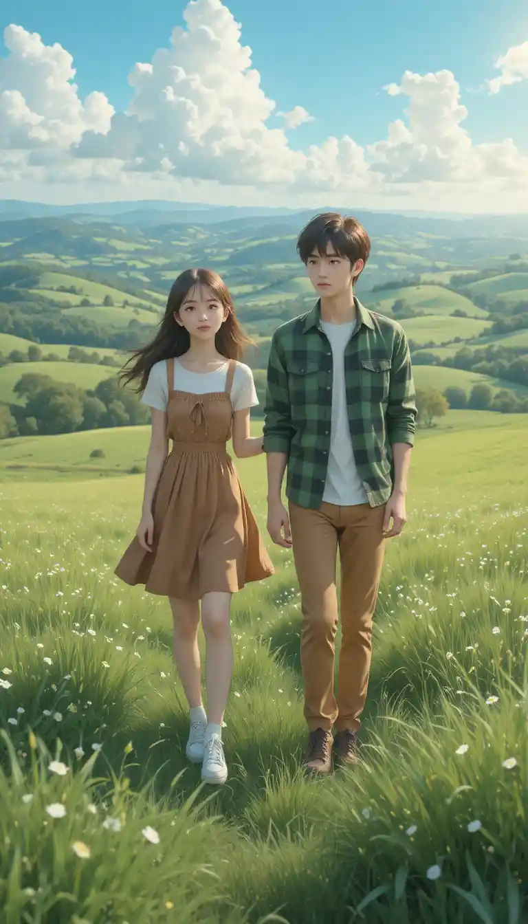 Anime couple walking together in a peaceful grassy field