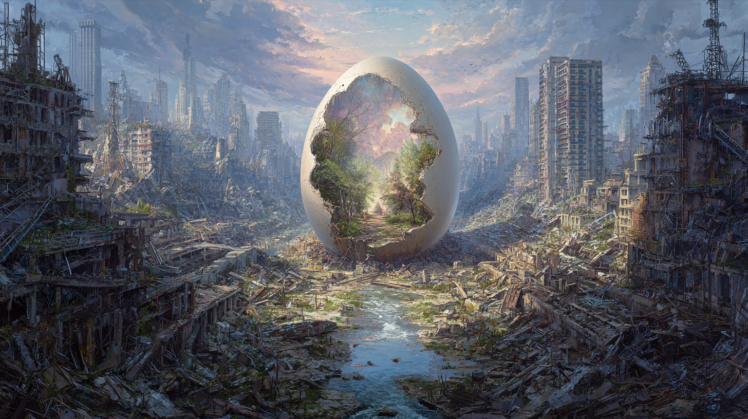 Ruined City With Giant Cracked Egg Revealing Inner Forest