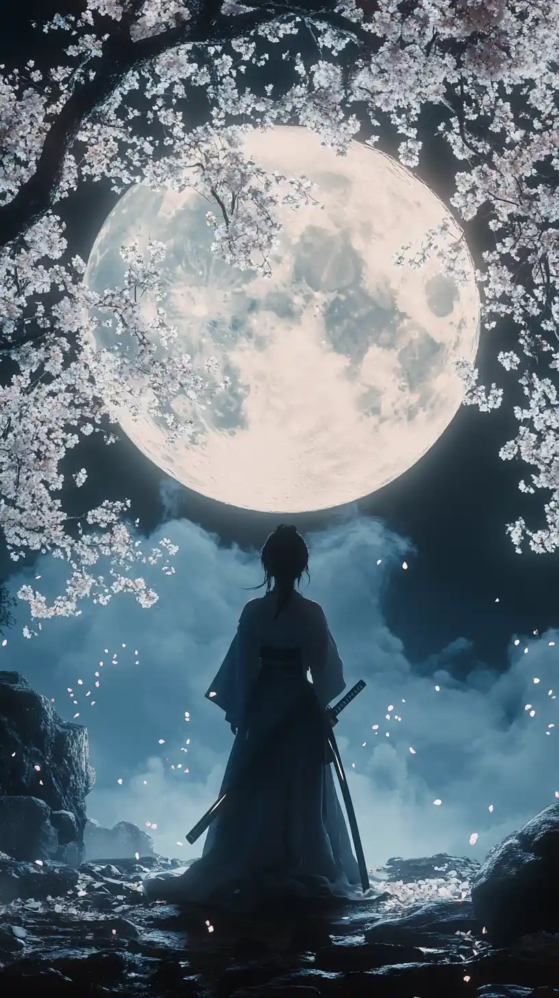 Ragazza samurai sotto un ciliegio di fronte alla luna piena