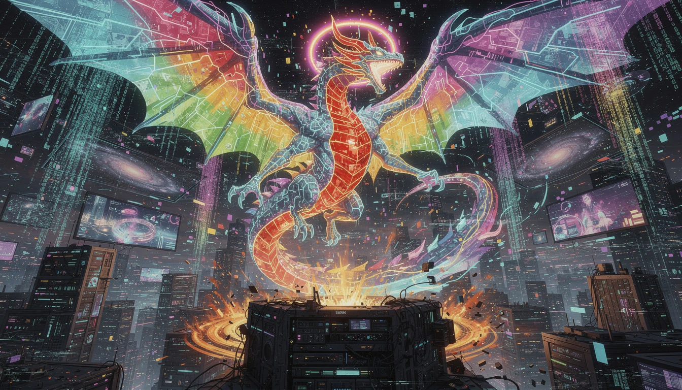 Neon cyberpunk dragon rising through digital city sprawl