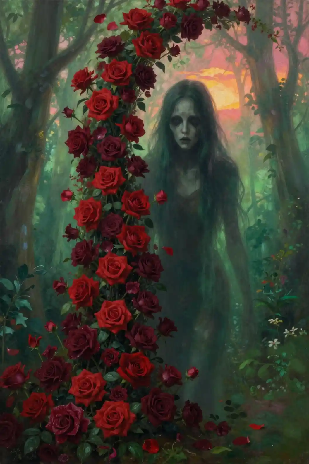 Monstruo surreal emergiendo de una cascada de rosas en el bosque