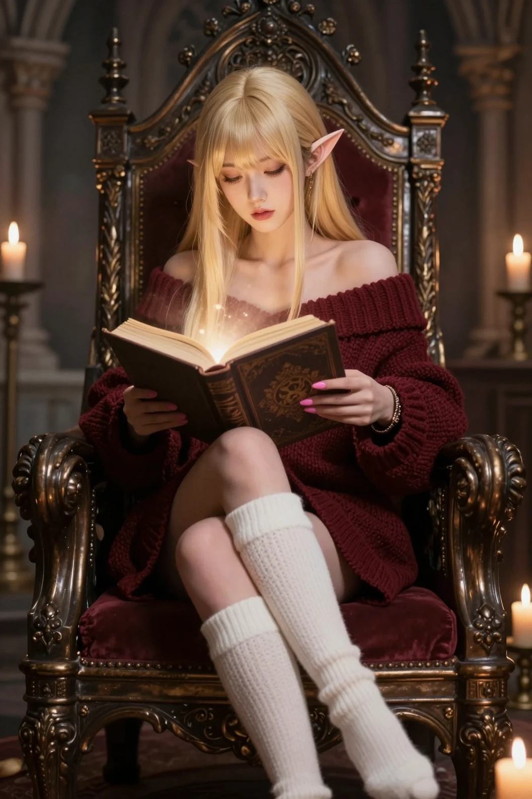 Elf girl on a throne reading a glowing magic book