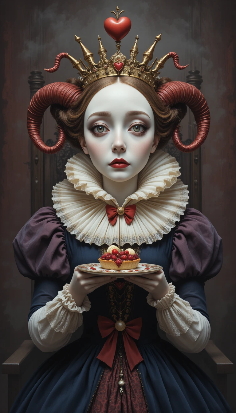 Melancholic queen of hearts with ornate crown and tart