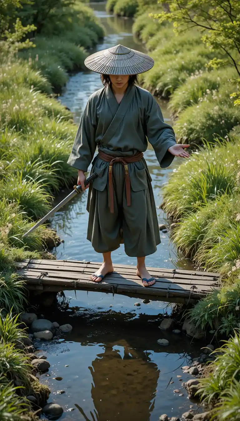 Samurai On Wooden Bridge Holding Katana At Midday