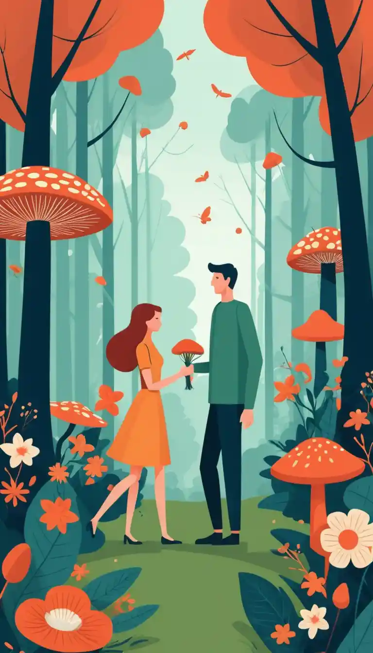 Couple cueillant des champignons dans une forêt de fleurs sauvages