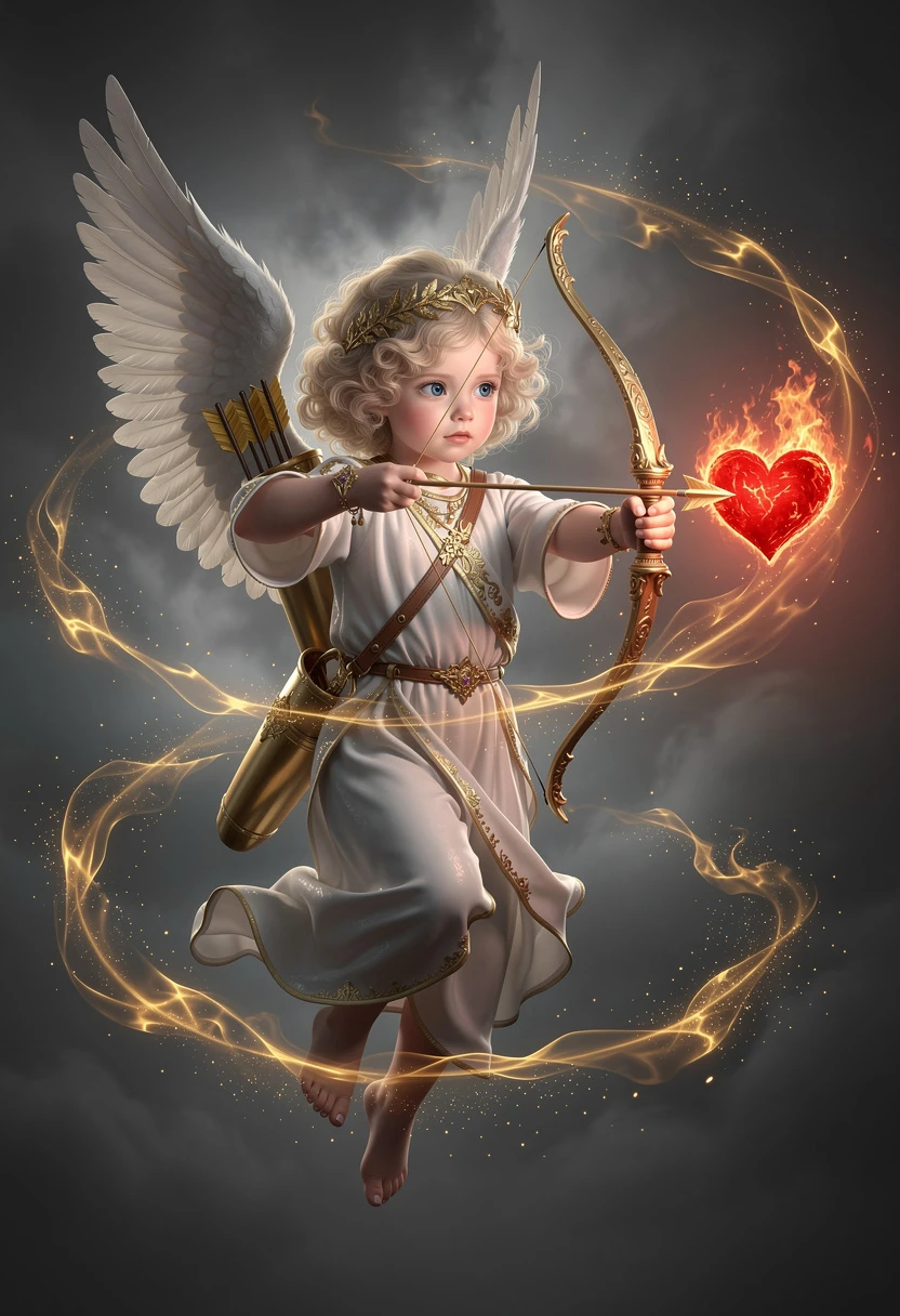 Winged cherub aiming a glowing arrow at fiery heart
