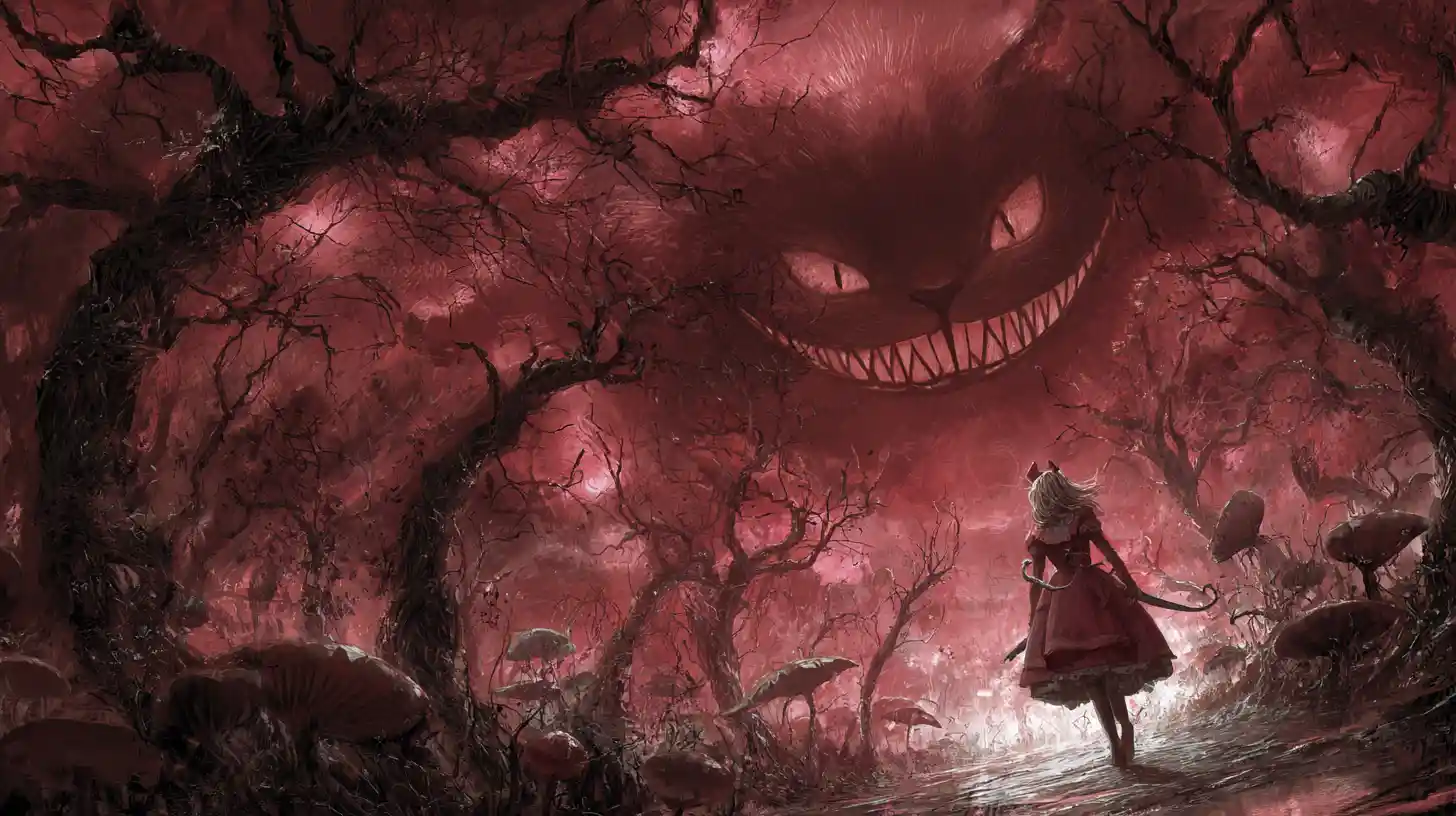 Alice walking alone through a sinister dark forest