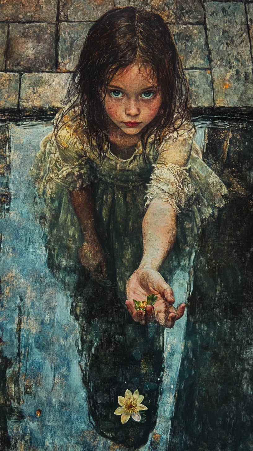 Victorian girl offering a simple flower in the rain