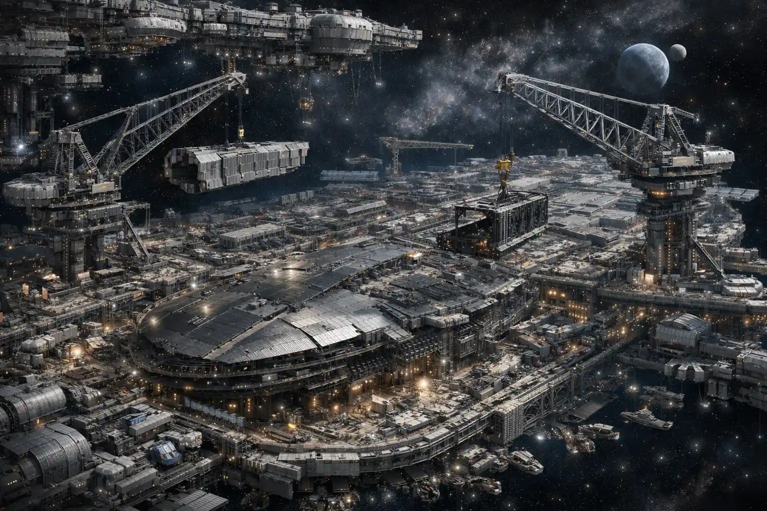 Gigantic spaceship construction factory in deep outer space