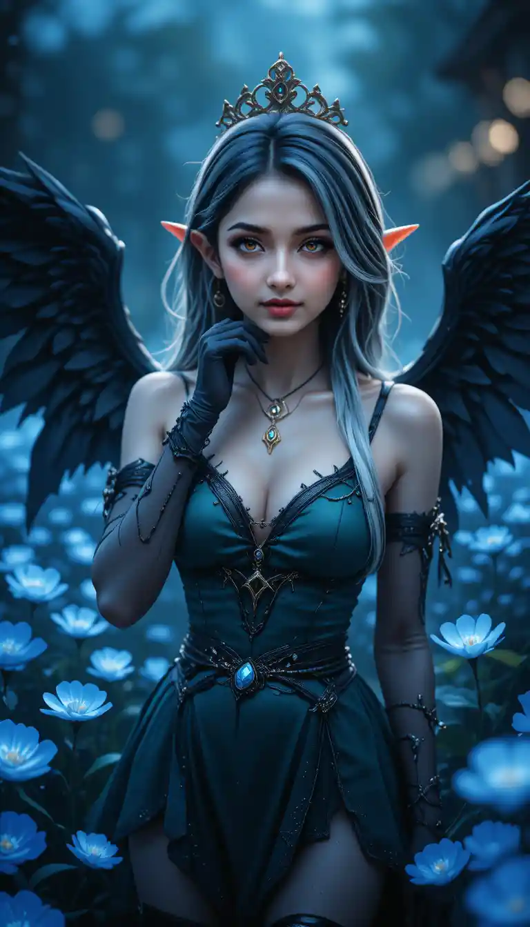 Dark elf girl in a glowing blue flower field