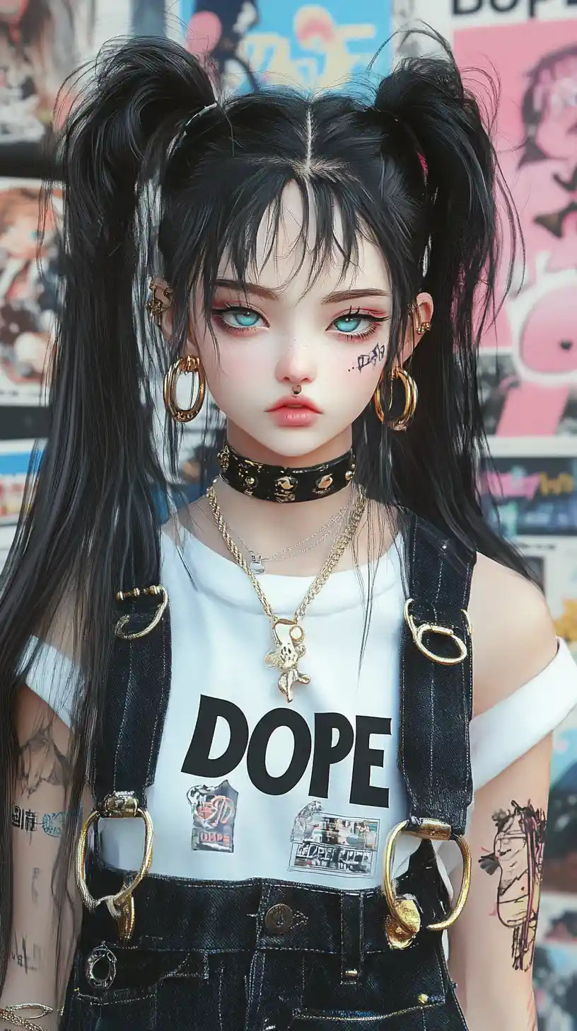 Cute anime girl in punk overalls with poster wall