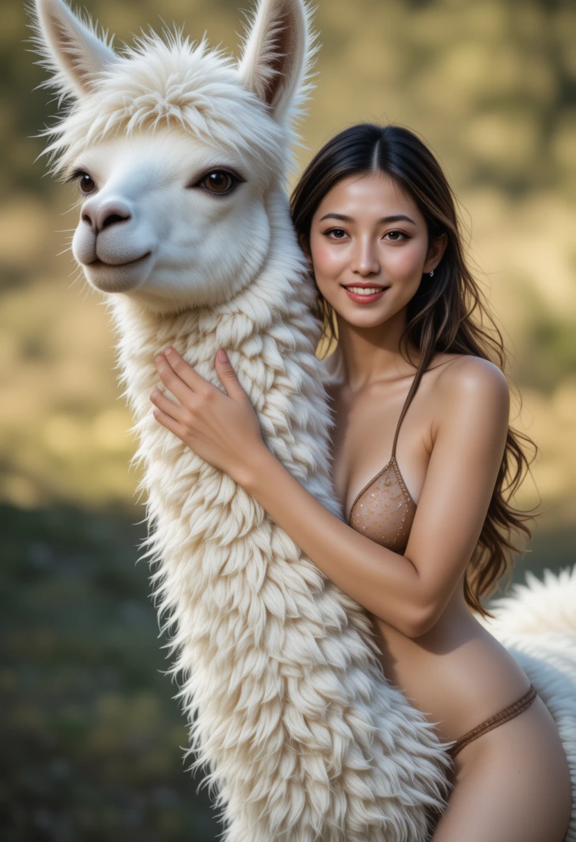 Femme souriante enlacant un lama blanc tout doux en plein air