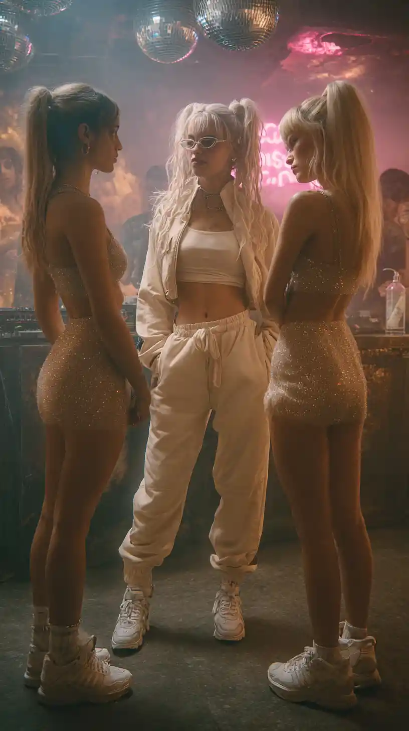 Fashionable women talking on stage in a vibrant nightclub