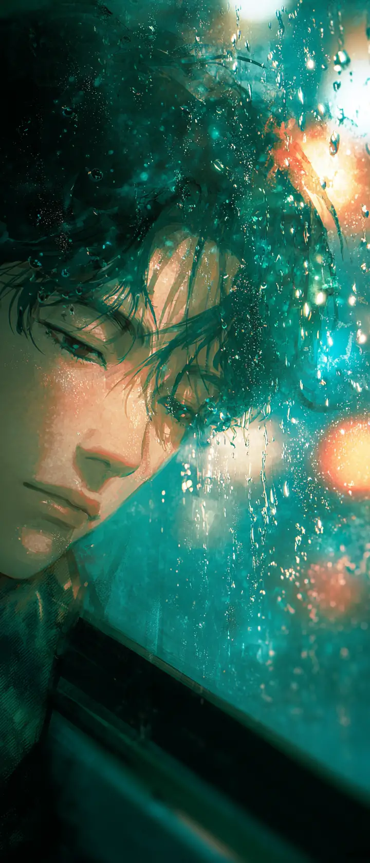 Teenage boy resting on rain soaked night bus window