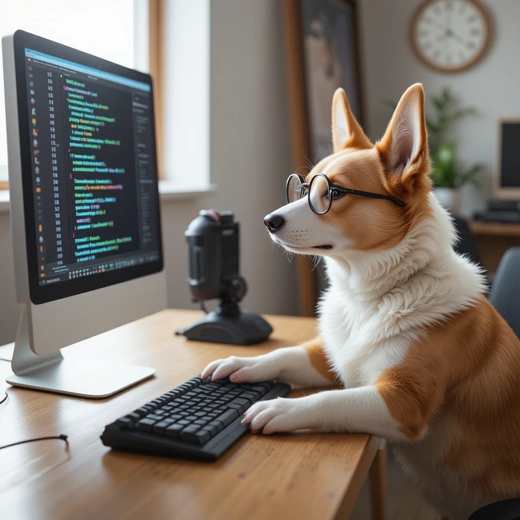 Corgi programmatore seduto alla scrivania con schermo di codice