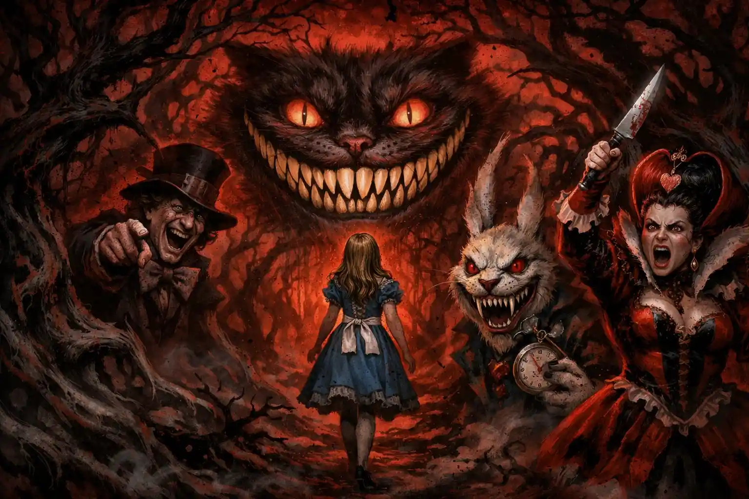 Alice walking through a twisted dark forest