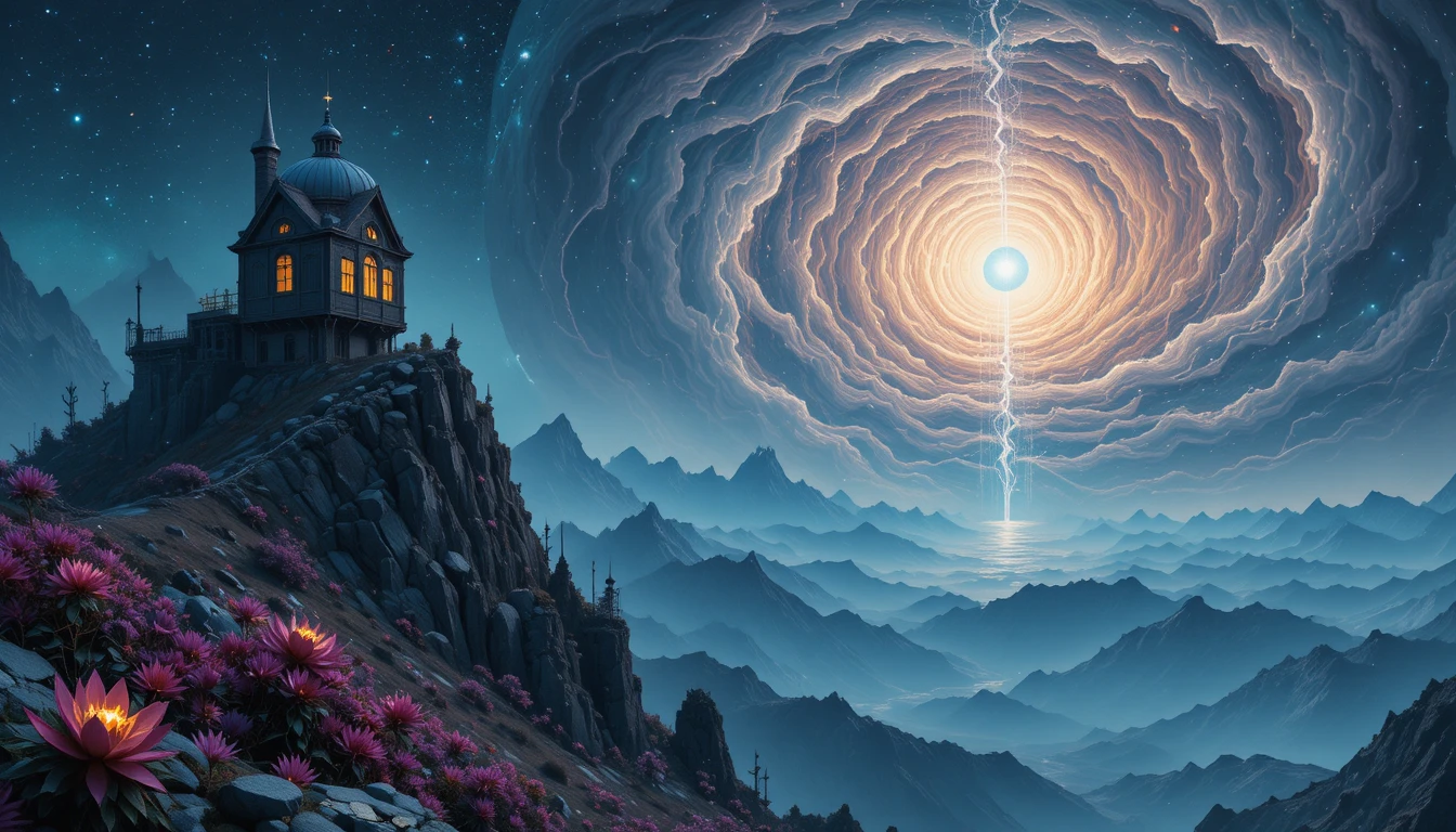 Lonely alchemist tower on a jagged enchanted mountain peak