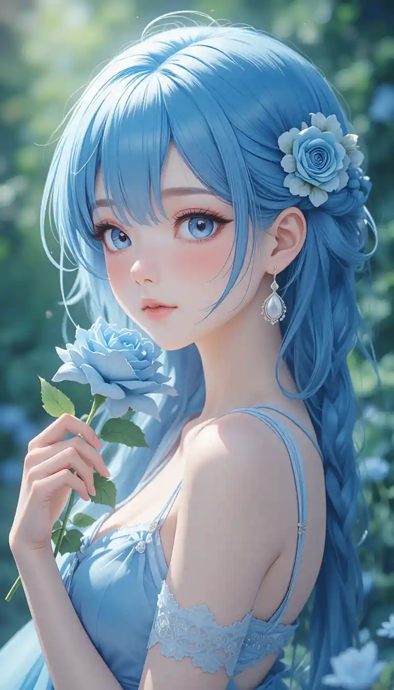 Blue haired anime girl holding a rose in profile