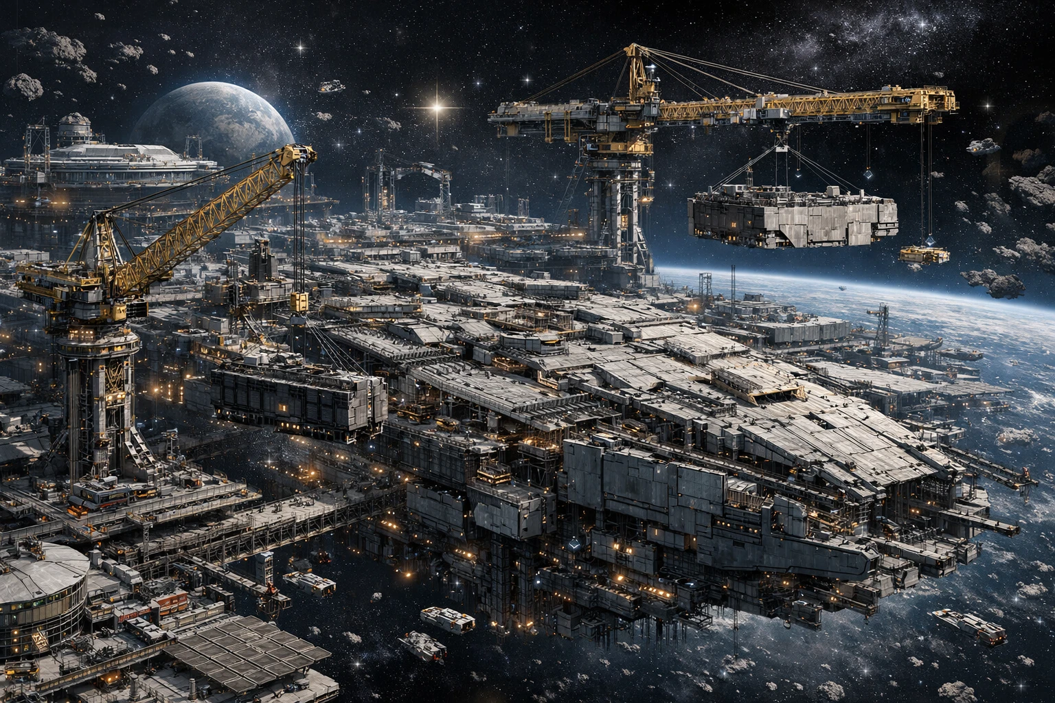Gigantic spaceship construction factory floating in deep space